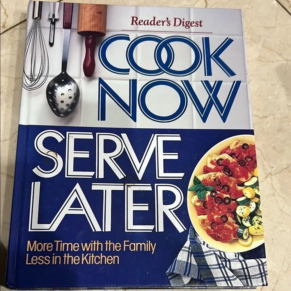 Reader's Digest Cook Now Serve Later Cookbook with Blue and White Cover